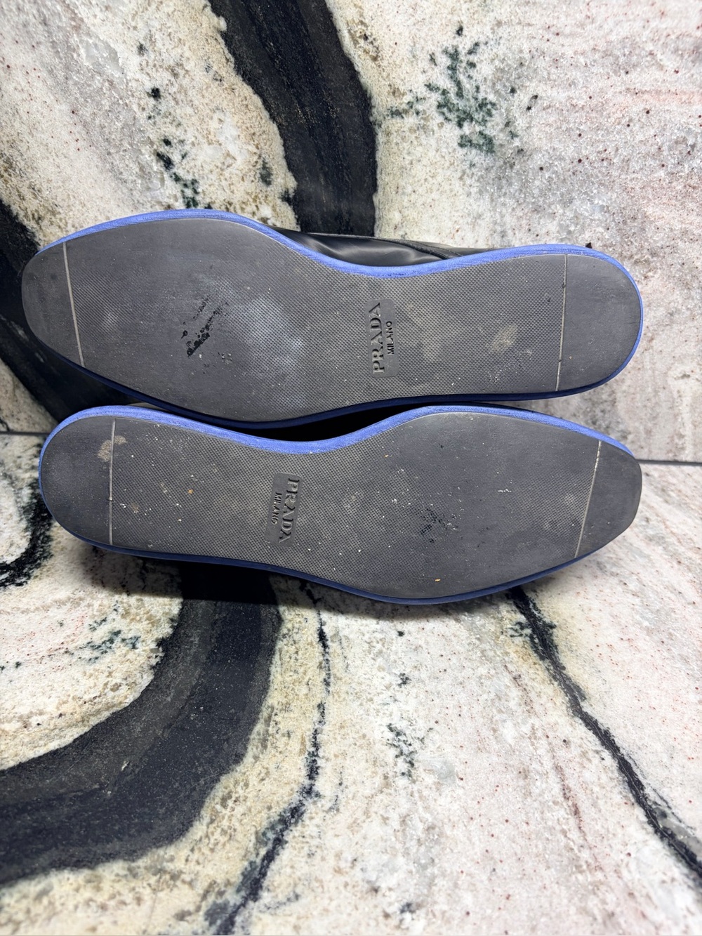 Prada Black Leather Derby Shoes Blue Rubber Sole Women’s EU 37 US 7 Italy - Picture 9 of 11